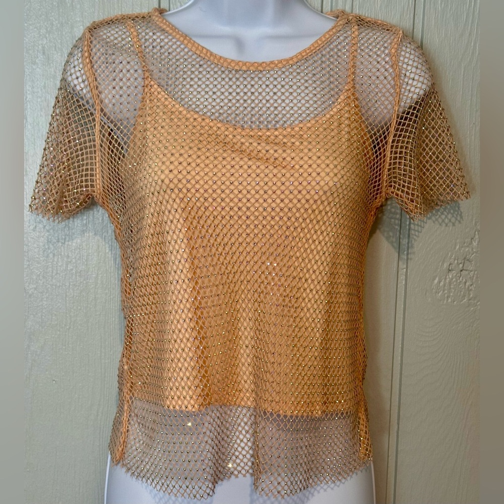 Sunday in Brooklyn Rhinestone Nude Mesh Crop Top